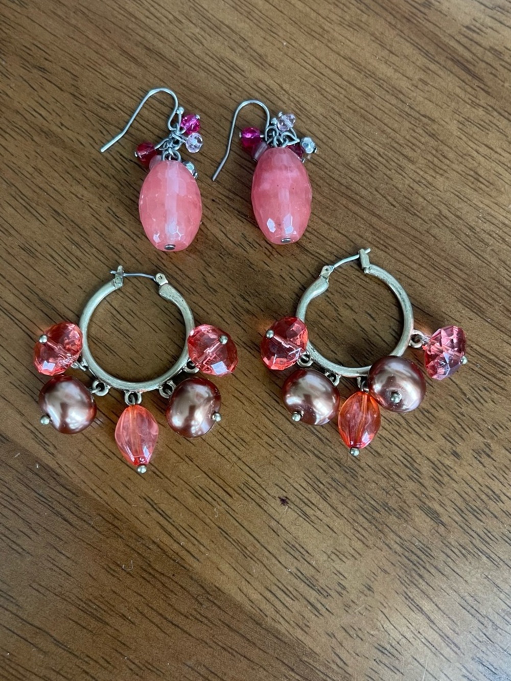 Vintage Coral, Pink & Bronze Cluster Earrings - 2 Pairs